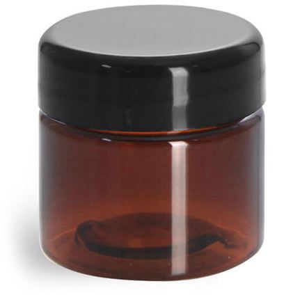 1/2 oz Plastic Jars, Amber PET Straight Sided Jars w/ Lined Black Dome Caps