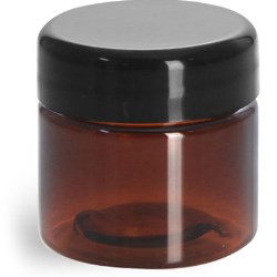 1/2 oz Plastic Jars, Amber PET Straight Sided Jars w/ Lined Black Dome Caps