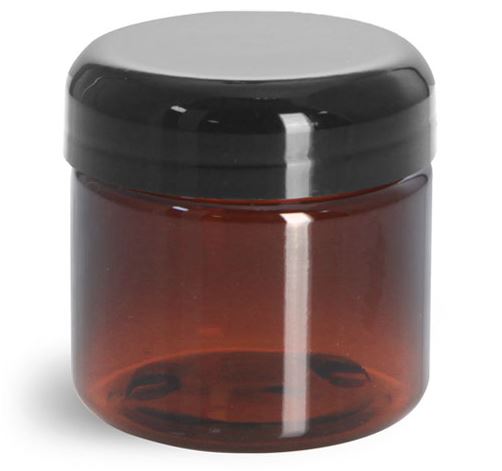 2 oz Plastic Jars, Amber PET Straight Sided Jars w/ Lined Black Dome Caps