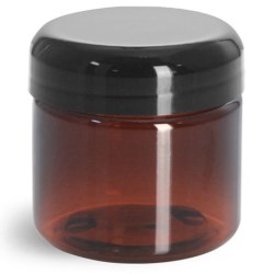 2 oz Plastic Jars, Amber PET Straight Sided Jars w/ Lined Black Dome Caps