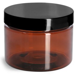 12 oz Amber PET Straight Sided Jars w/ Black Smooth Lined Caps