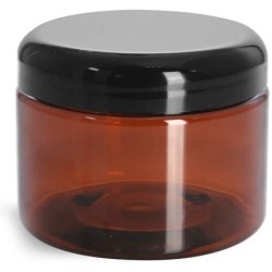 12 oz Plastic Jars, Amber PET Straight Sided Jars w/ Lined Black Dome Caps