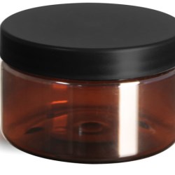 4 oz Plastic Jars, Amber PET Heavy Wall Jars w/ Frosted Black Lined Caps