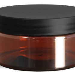 8 oz Plastic Jars, Amber PET Heavy Wall Jars w/ Frosted Black Lined Caps