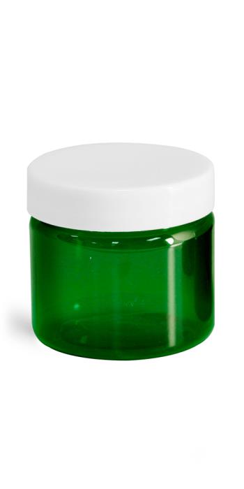 2 oz Green PET Straight Sided Jars w/ White Smooth Plastic Lined Caps