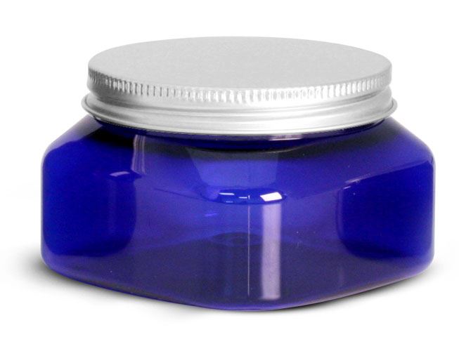 8 oz Blue PET Square Jars w/ Aluminum Lined Caps