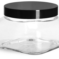 8 oz Clear PET Square Jars w/ Black Smooth PS22 Plastic Lined Caps