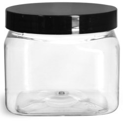 16 oz Clear PET Square Jars w/ Black Smooth PS22 Plastic Lined Caps