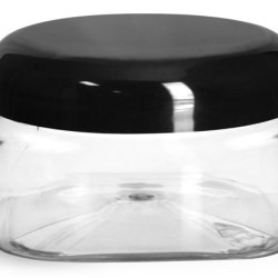 4 oz Clear PET Square Jars w/ Black Smooth Plastic Lined Dome Caps