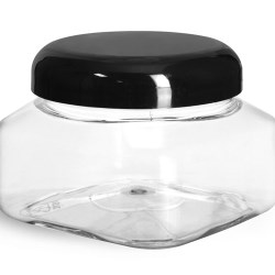 8 oz Clear PET Square Jars w/ Black Smooth Plastic Lined Dome Caps