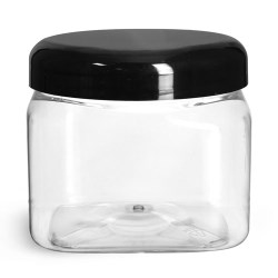 16 oz Clear PET Square Jars w/ Black Smooth Plastic Lined Dome Caps