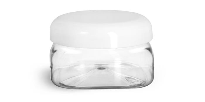 4 oz Plastic Jars, Clear PET Square Jars w/ White Smooth Plastic Lined Dome Caps