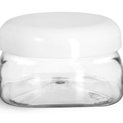 4 oz Plastic Jars, Clear PET Square Jars w/ White Smooth Plastic Lined Dome Caps