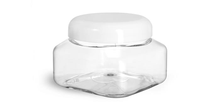 8 oz Plastic Jars, Clear PET Square Jars w/ White Smooth Plastic Lined Dome Caps