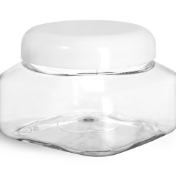 8 oz Plastic Jars, Clear PET Square Jars w/ White Smooth Plastic Lined Dome Caps