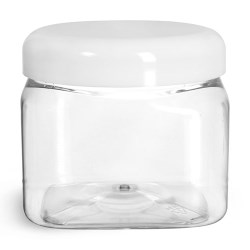 16 oz Plastic Jars, Clear PET Square Jars w/ White Smooth Plastic Lined Dome Caps