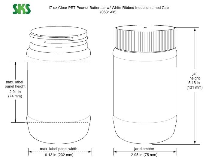 17 oz Plastic Jars, Clear PET Peanut Butter Jars w/ White Ribbed Induction Lined Caps