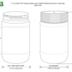 17 oz Plastic Jars, Clear PET Peanut Butter Jars w/ White Ribbed Induction Lined Caps