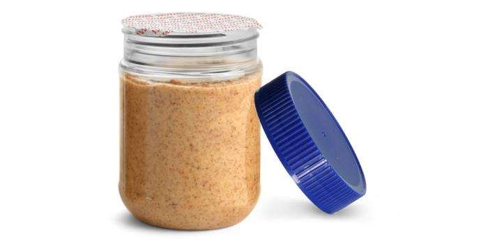 12 oz Plastic Jars, Clear PET Peanut Butter Jars w/ Blue Ribbed Induction Lined Caps