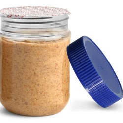 12 oz Plastic Jars, Clear PET Peanut Butter Jars w/ Blue Ribbed Induction Lined Caps