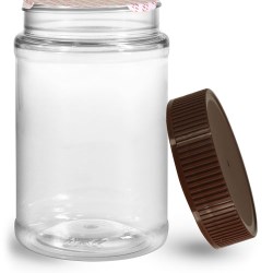 16 oz Clear PET Food Jars w/ Brown Ribbed Induction Lined Caps