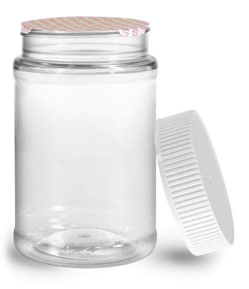 16 oz Plastic Jars, 16 oz Clear PET Round Jar w/ White Ribbed Induction Lined Caps