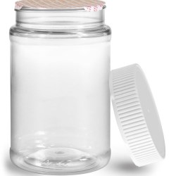 16 oz Plastic Jars, 16 oz Clear PET Round Jar w/ White Ribbed Induction Lined Caps