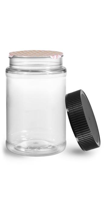 16 oz Plastic Jars, 16 oz Clear PET Round Jar w/ Black Ribbed Induction Lined Caps