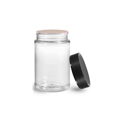 16 oz Plastic Jars, 16 oz Clear PET Round Jar w/ Black Ribbed Induction Lined Caps