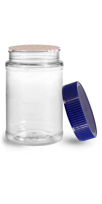 16 oz Plastic Jars, 16 oz Clear PET Round Jar w/ Blue Ribbed Induction Lined Caps