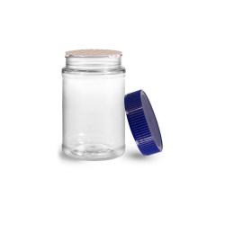 16 oz Plastic Jars, 16 oz Clear PET Round Jar w/ Blue Ribbed Induction Lined Caps