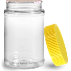 16 oz Clear PET Food Jars w/ Yellow Ribbed Induction Lined Caps