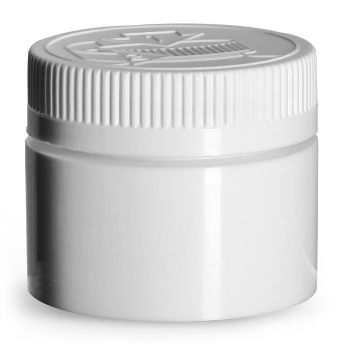 1.5 oz White Polypropylene Open Bottom Jars w/ White PE Lined Child Resistant Caps