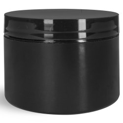 8 oz Plastic Jars, Black Polypro Double Wall Straight Sided Jar w/ Black PS22 Lined Caps