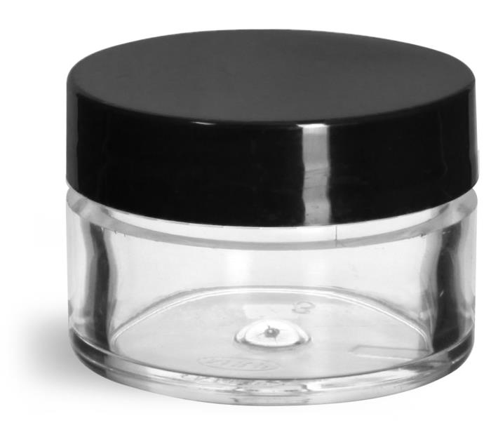 1/2 oz Clear Styrene Thick Wall Jars w/ Black Smooth Plastic Lined Caps