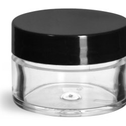 1/2 oz Clear Styrene Thick Wall Jars w/ Black Smooth Plastic Lined Caps