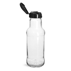 10 oz Glass Bottles, Glass Sauce/Beverage Bottles w/ Black PP Lift \n\ Peel™ Lined Snap Top Caps