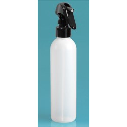 8 oz Plastic Bottles, Natural HDPE Cosmo Round Bottles w/ Black Mini Trigger Sprayers