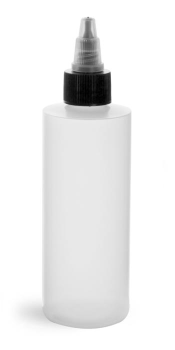 4 oz Plastic Bottles, Natural LDPE Cylinders w/ Black/Natural Induction Lined Twist Top Caps