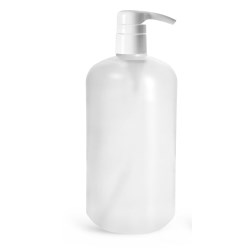 32 oz HDPE Plastic Bottles, Natural Boston Round Bottles w/ Smooth White Lotion Pumps