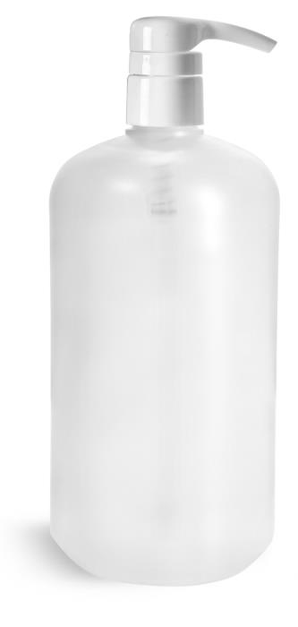 32 oz Natural HDPE Boston Round Bottles w/ White Polypropylene Pumps