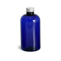 8 oz Blue PET Round Bottles w/ Lined Aluminum Caps