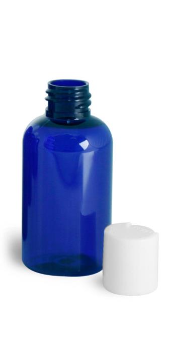 2 oz Blue PET Boston Round Bottles w/ White Disc Top Caps