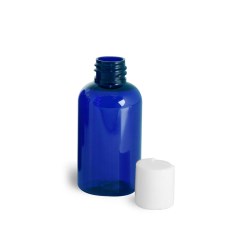 2 oz Blue PET Boston Round Bottles w/ White Disc Top Caps