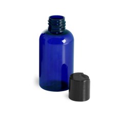 2 oz Blue PET Boston Round Bottles w/ Black Disc Top Caps