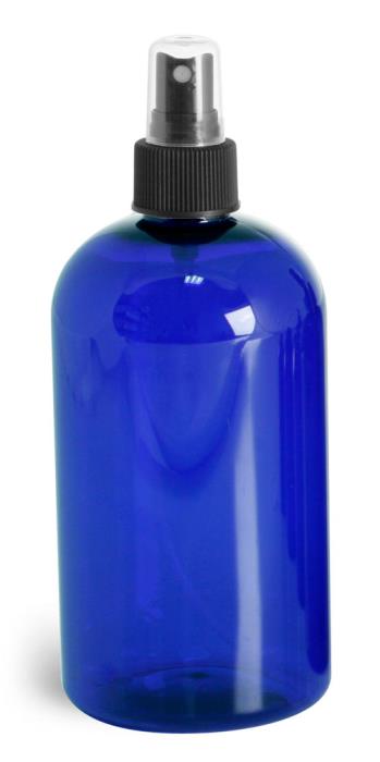 16 oz Blue PET Boston Round Bottles w/ Black Fine Mist Sprayers