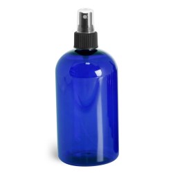 16 oz Blue PET Boston Round Bottles w/ Black Fine Mist Sprayers