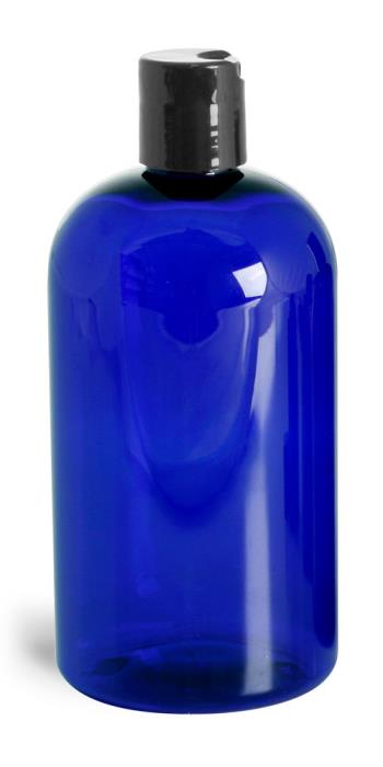 16 oz Blue PET Boston Round Bottles w/ Black Disc Top Caps