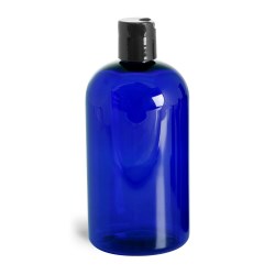 16 oz Blue PET Boston Round Bottles w/ Black Disc Top Caps