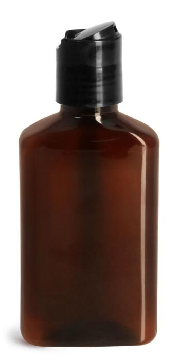 100 ml Plastic Bottles, 100 ml Amber PET Oblong Bottles w/ Black Disc Top Caps